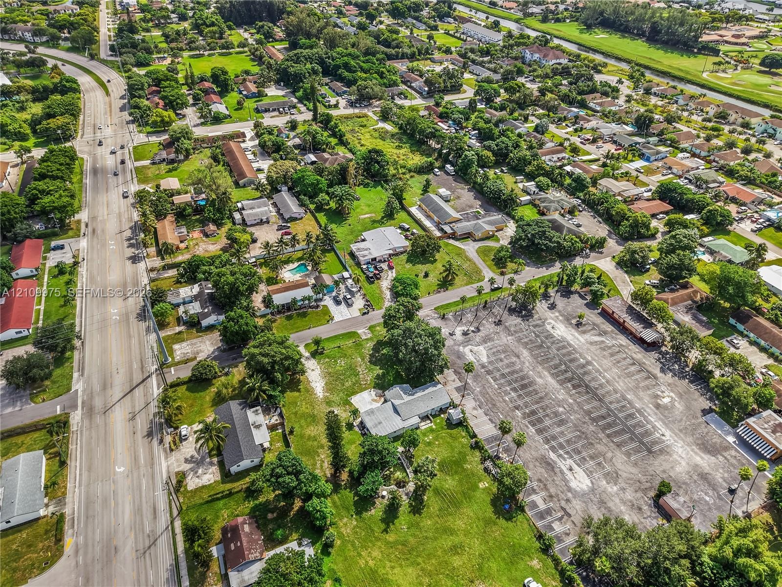 Expansive parcel featuring a large grass lawn, mature trees, and a gravel driveway