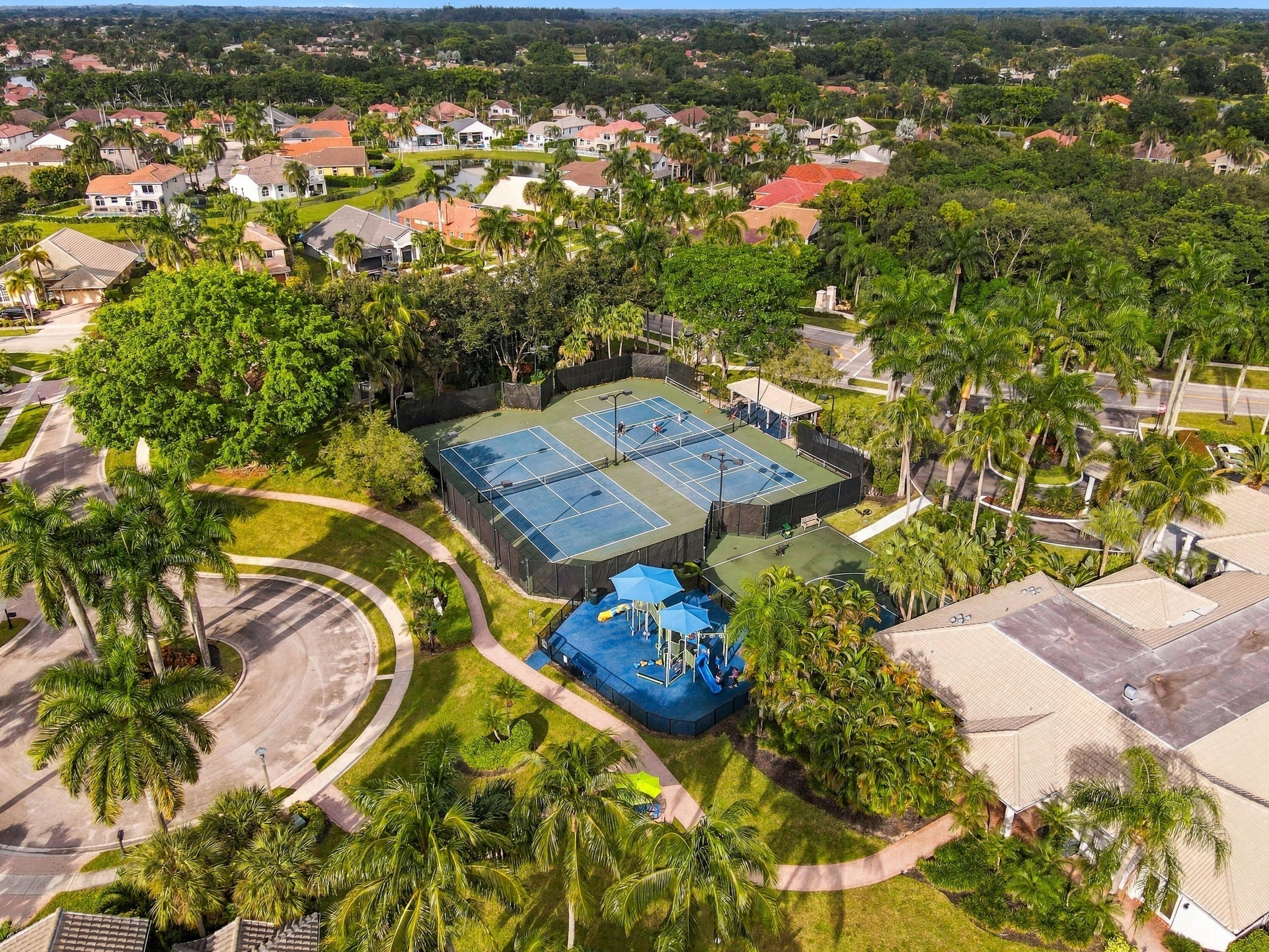 A bird's-eye view of the community's homes, mature landscaping, and surrounding scenery.