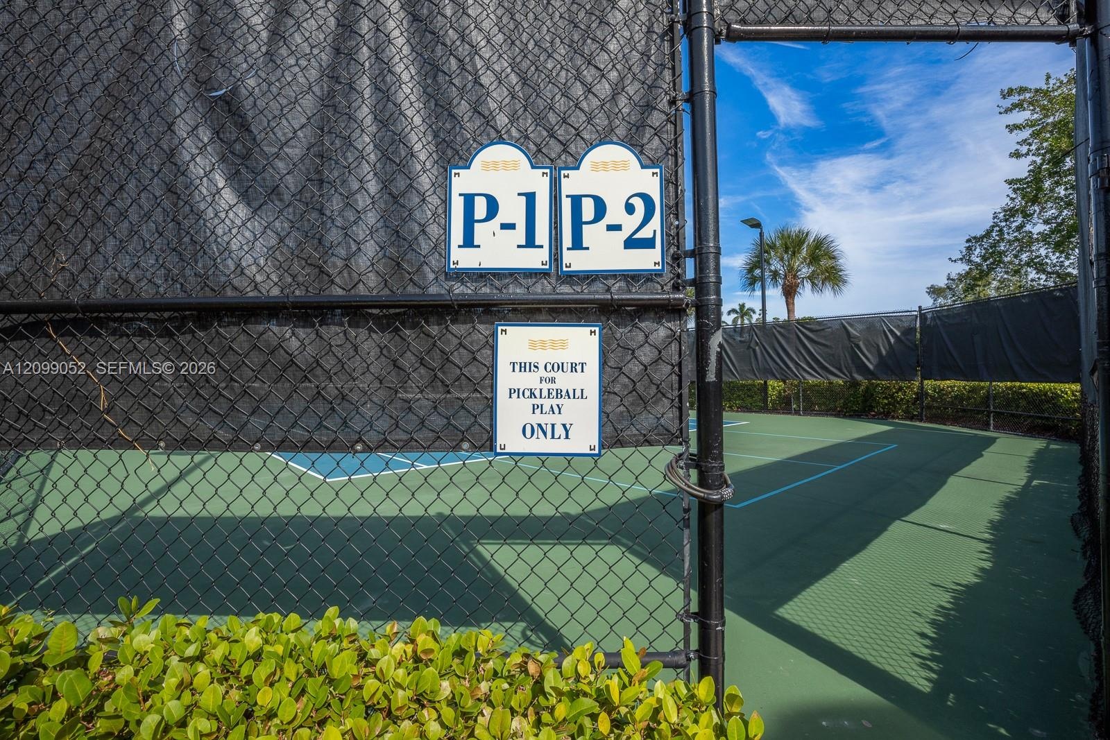 Dedicated pickleball courts featuring perimeter chain-link fencing, privacy windscreens, and surface court markings
