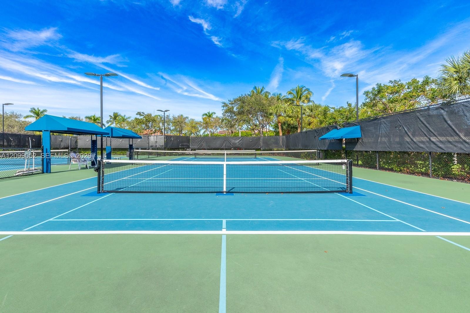 Hard-court tennis facility featuring blue and green surface, permanent net, protective perimeter fencing, pole-mounted lighting, and integrated shaded