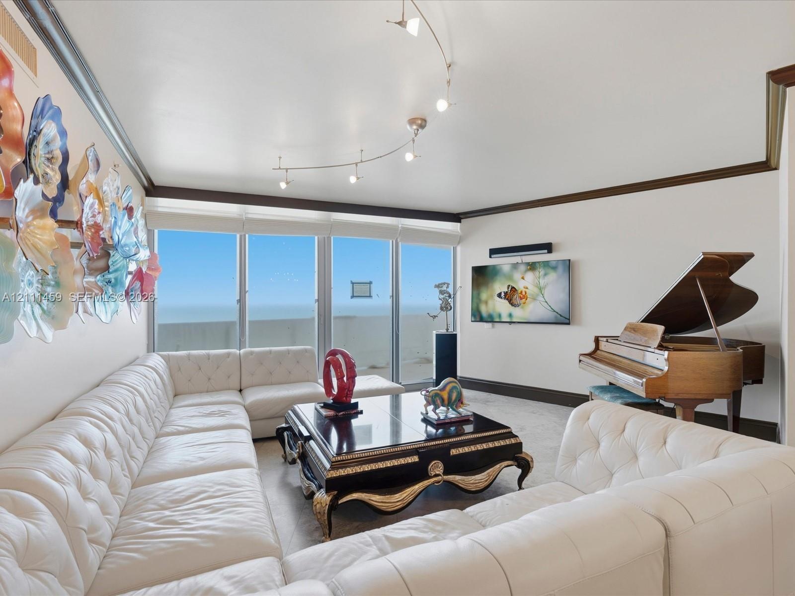 Floor-to-ceiling windows, curved track lighting, crown molding, and neutral wall-to-wall carpeting