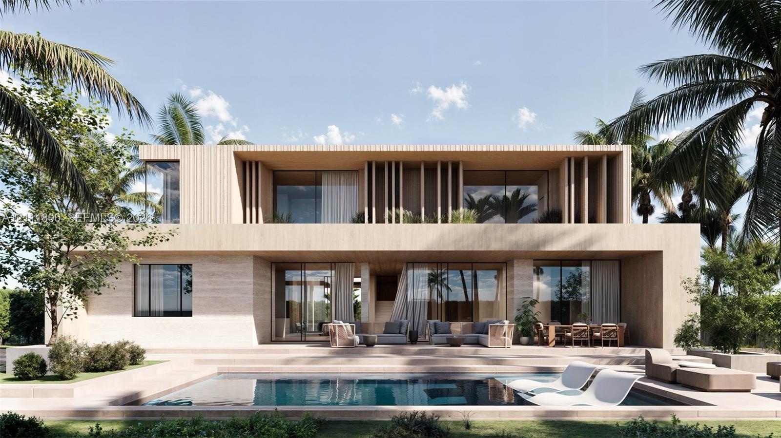 Modern two-story exterior featuring light-toned masonry, vertical wood-finish slats, expansive glass sliding doors, and an integrated swimming pool wi