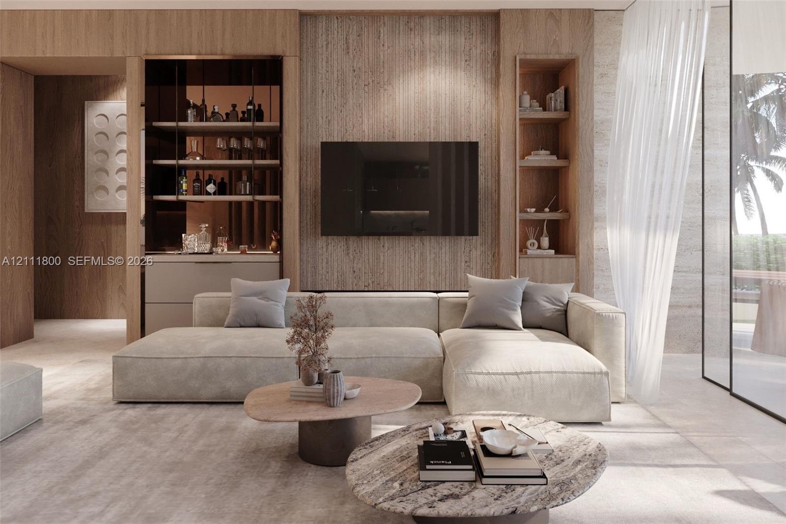 Textured wood-finish wall paneling, built-in recessed shelving, integrated wet bar cabinetry, and stone-finish floor tiling