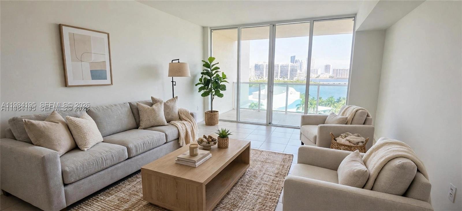 Floor-to-ceiling glass sliding doors opening to a private balcony, neutral tile flooring, and expansive water and city skyline outlooks