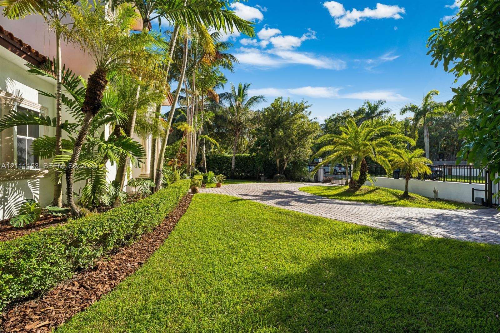 Paver driveway featuring manicured lawn, established shrubbery, mature palm trees, and perimeter fencing