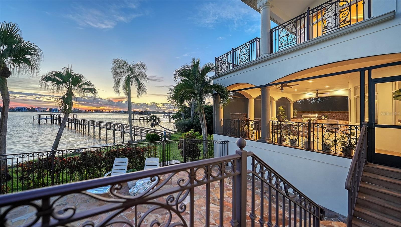 Looking at the outdoor covered living space in the evening
