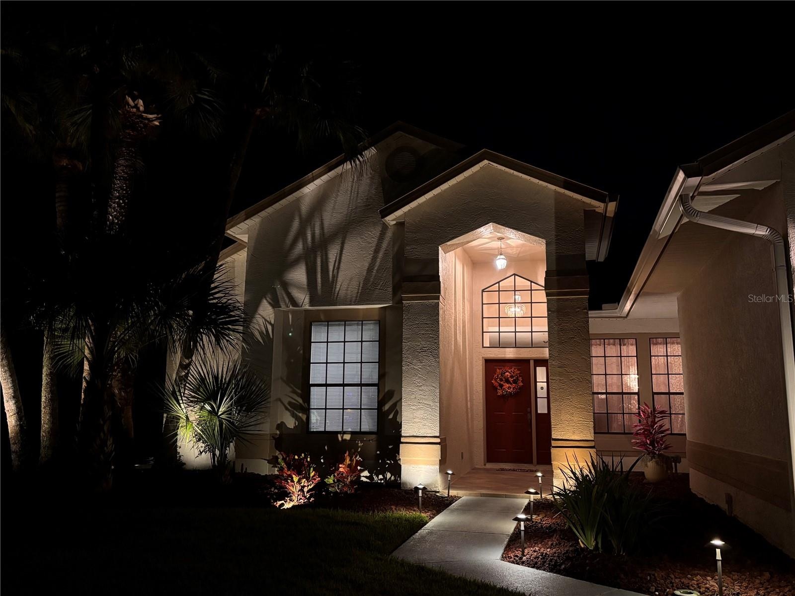 Evening view of the front entrance