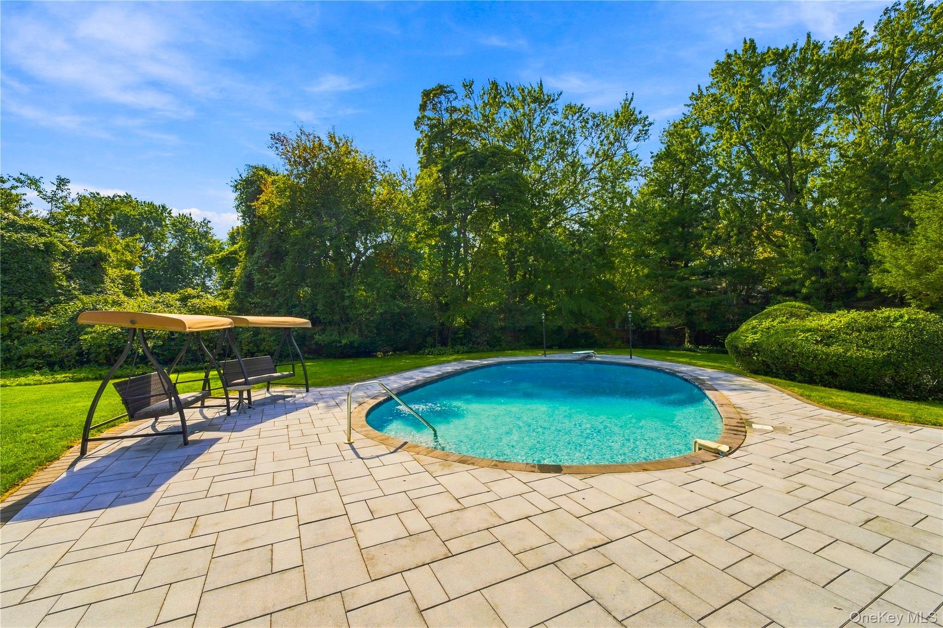 Inground swimming pool with metal ladder, surrounded by an expansive stone paver patio, set within a level lawn bordered by mature trees and shrubs