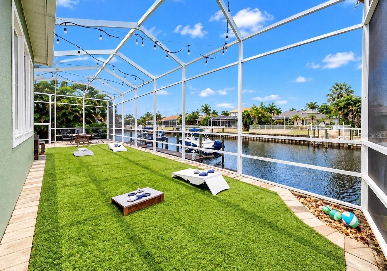 Screened backyard with Astroturf