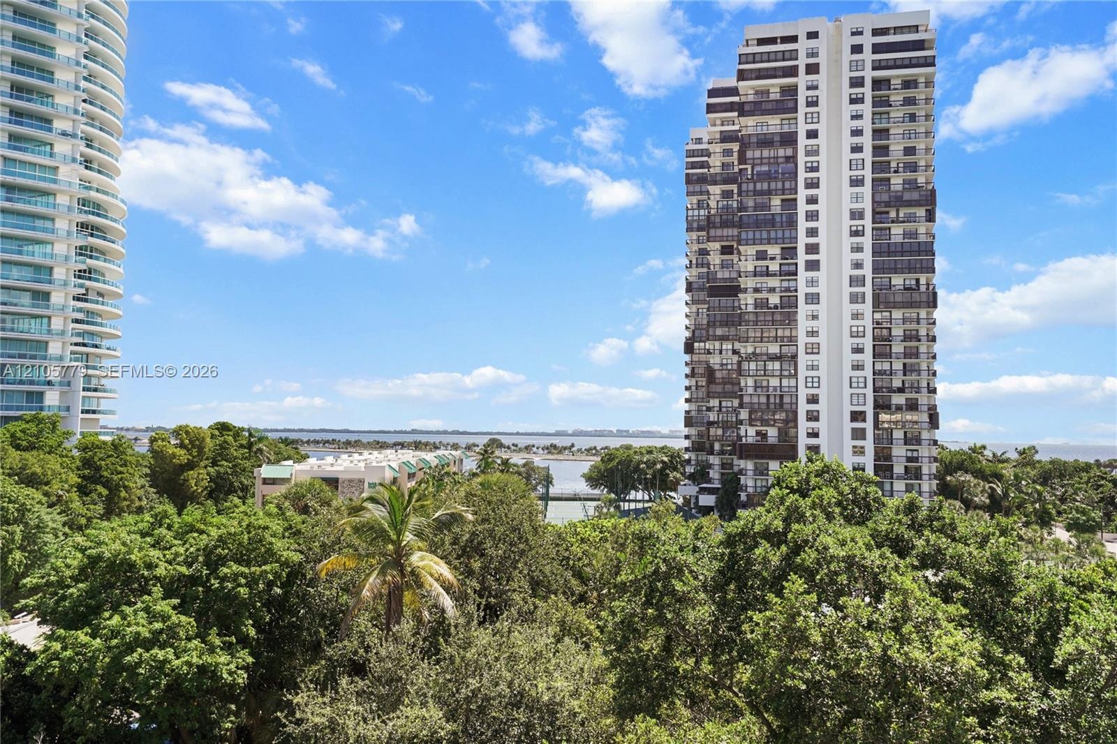 High-rise coastal exterior featuring balconies, expansive mature canopy, and water backdrop