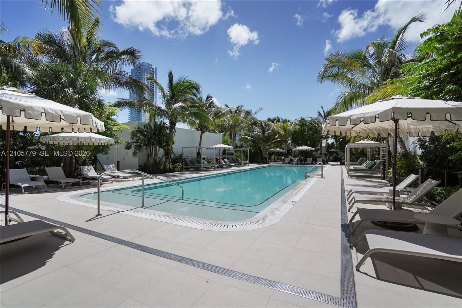 Rectangular swimming pool featuring a light-toned paved deck, metal handrails, and surrounding mature palm trees