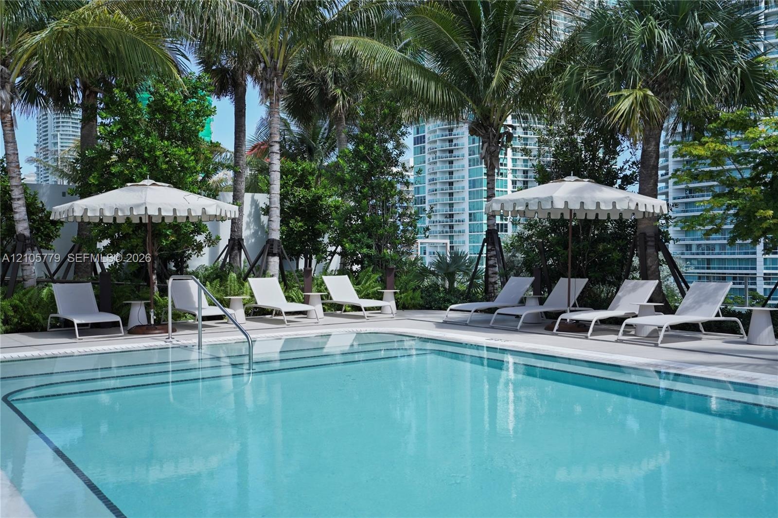 Swimming pool with integrated entry steps, concrete pool deck, and mature landscaping featuring palm trees