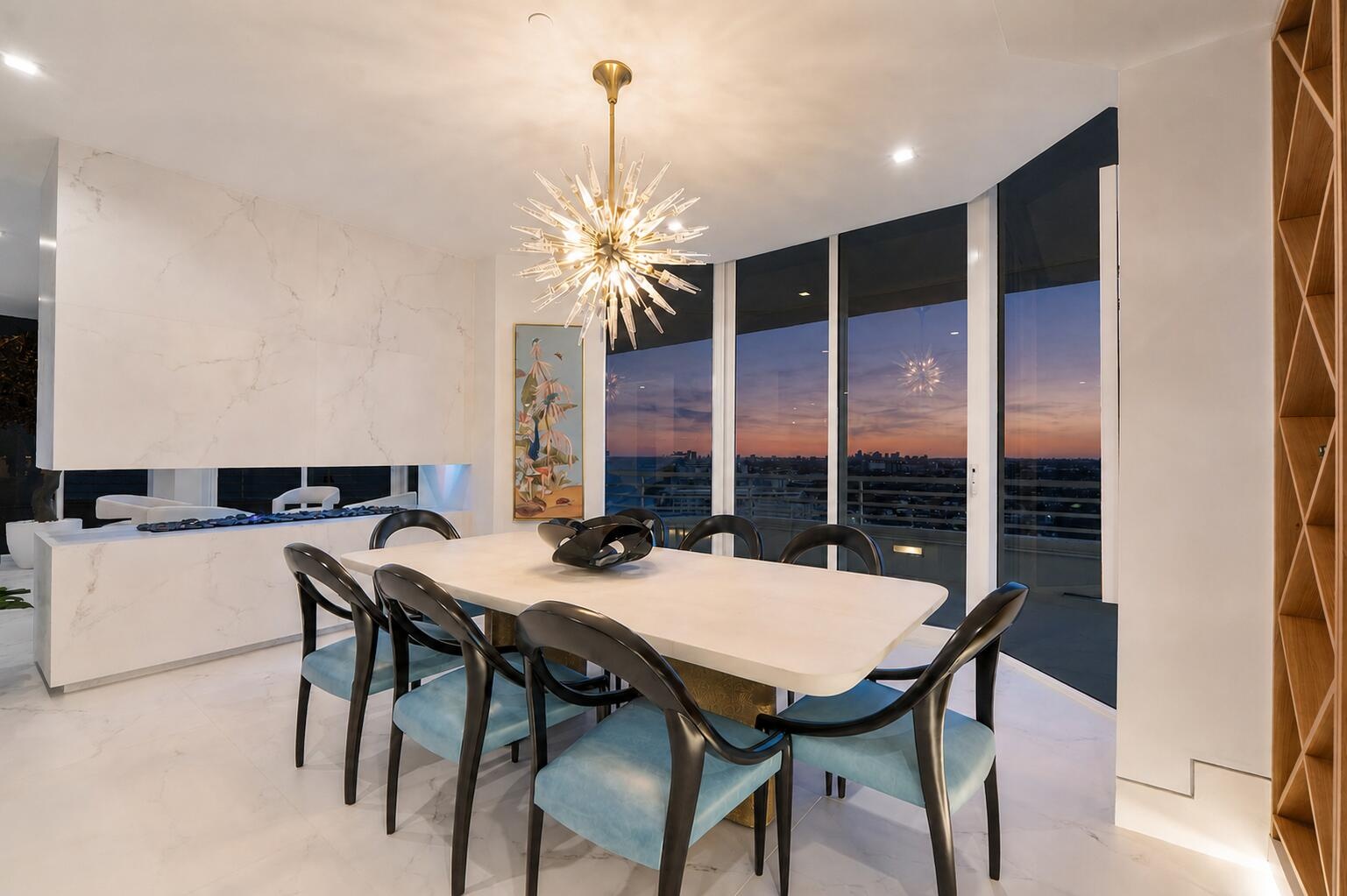 The Formal Dining room has an array of white oak wine cellar shelving for red wines only