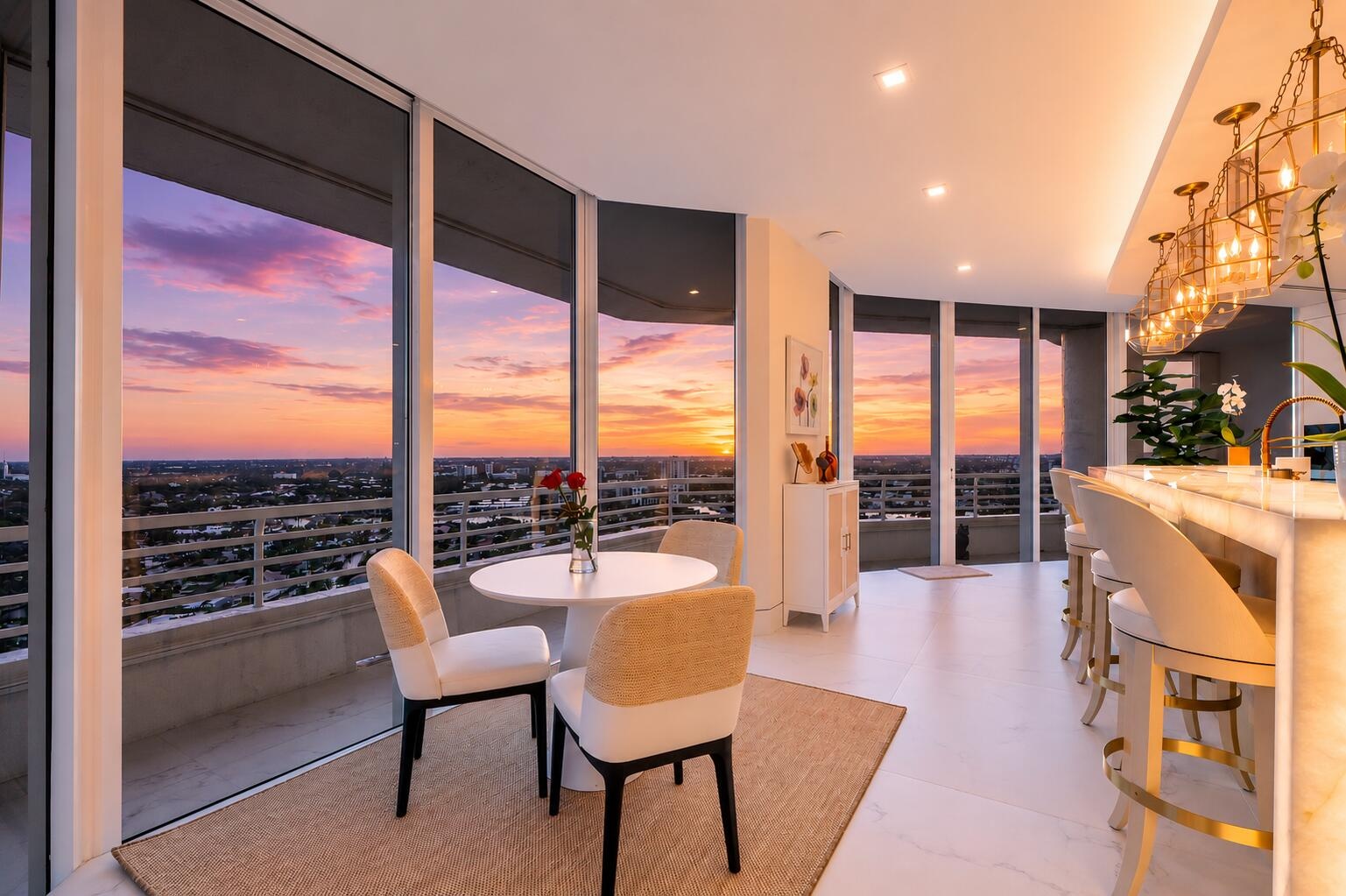 High above the coastline, evenings become an experience of their own—champagne on the terrace, warm ocean breezes and a spectacular sunset stretching 