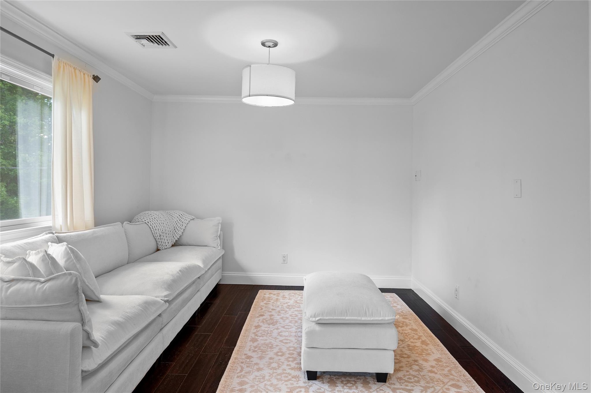 Room featuring wood-finish flooring, crown molding, and a drum-style pendant light fixture