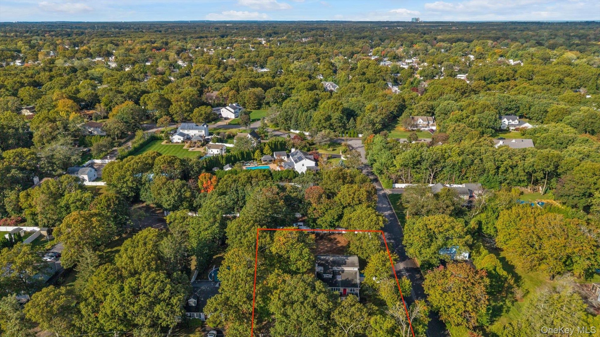 Aerial perspective highlighting a rectangular parcel characterized by mature tree coverage and a private wooded setting