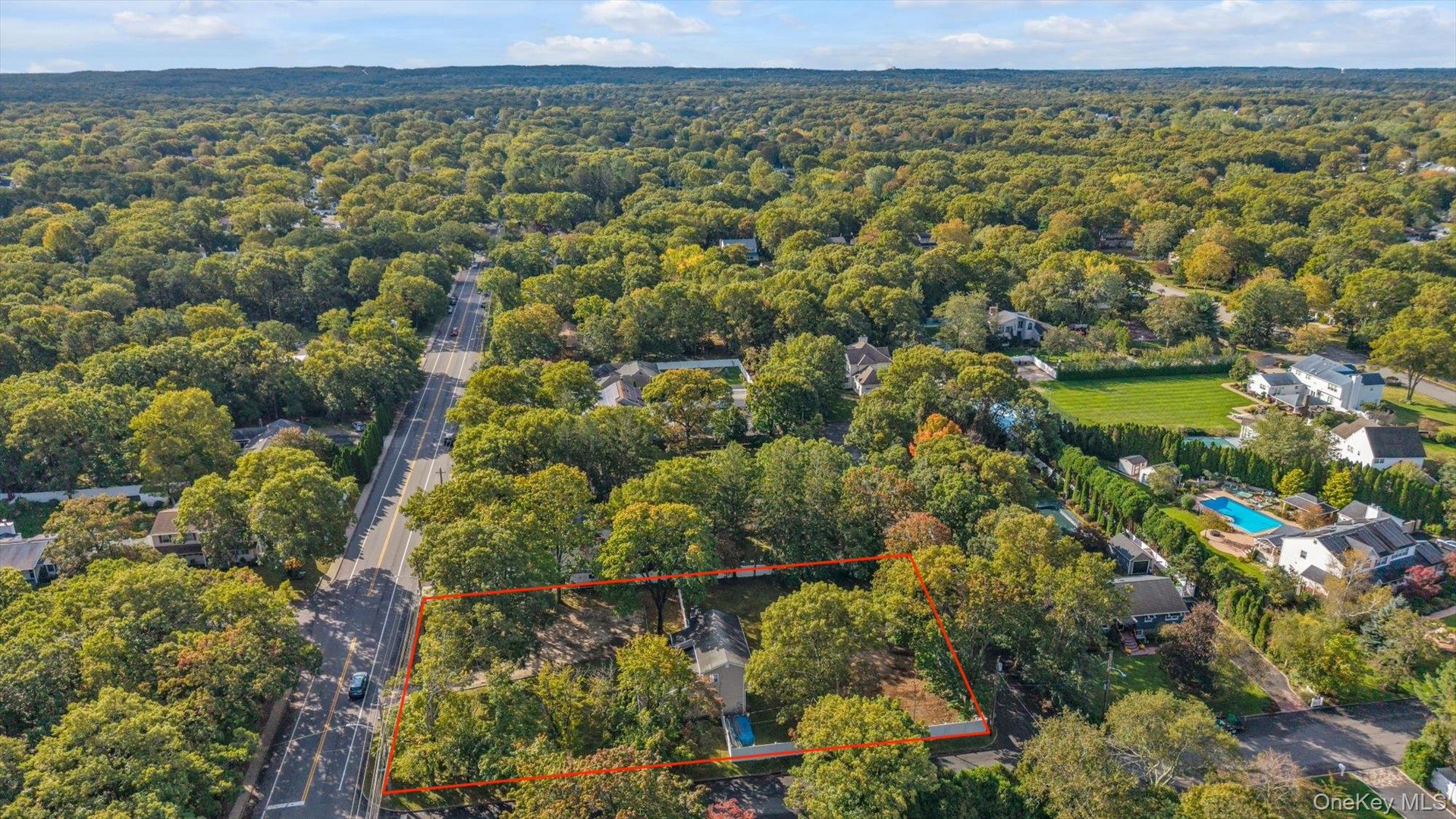 Aerial view of a rectangular lot defined by mature trees and natural landscape