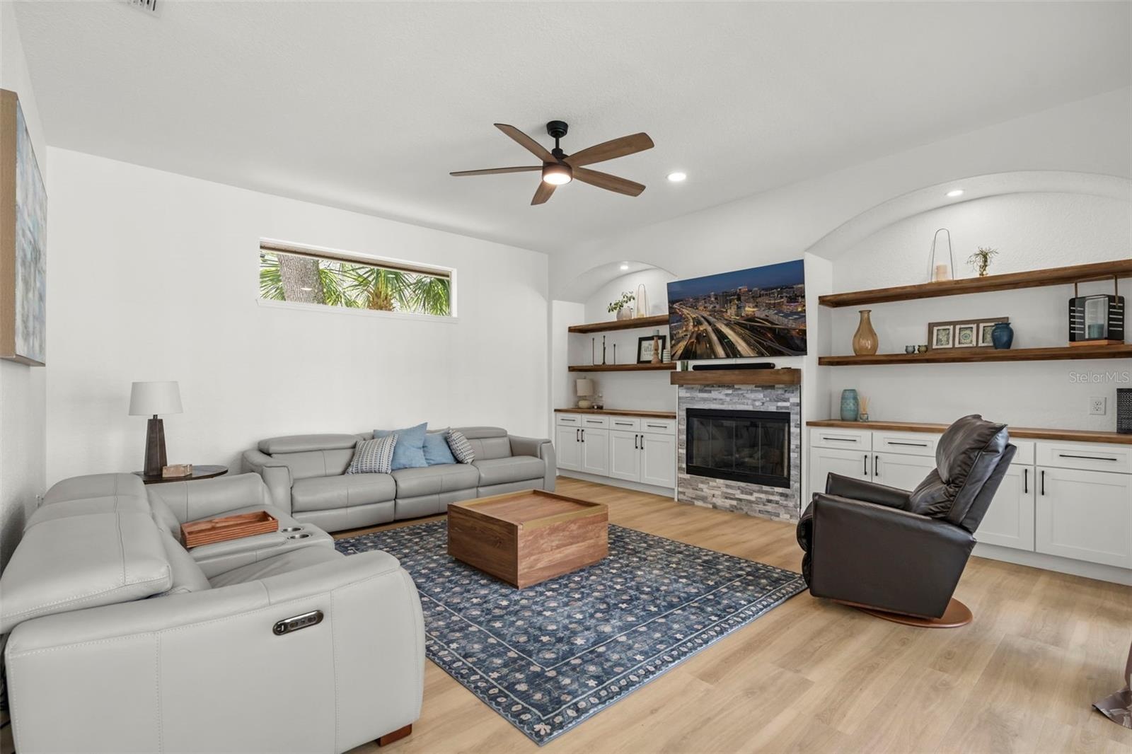 Family Room with wood-burning fireplace