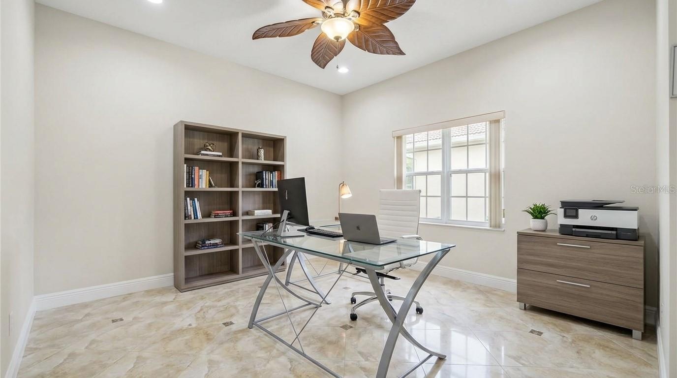 This office space offers a professional and quiet environment, perfect for a productive remote work setup.