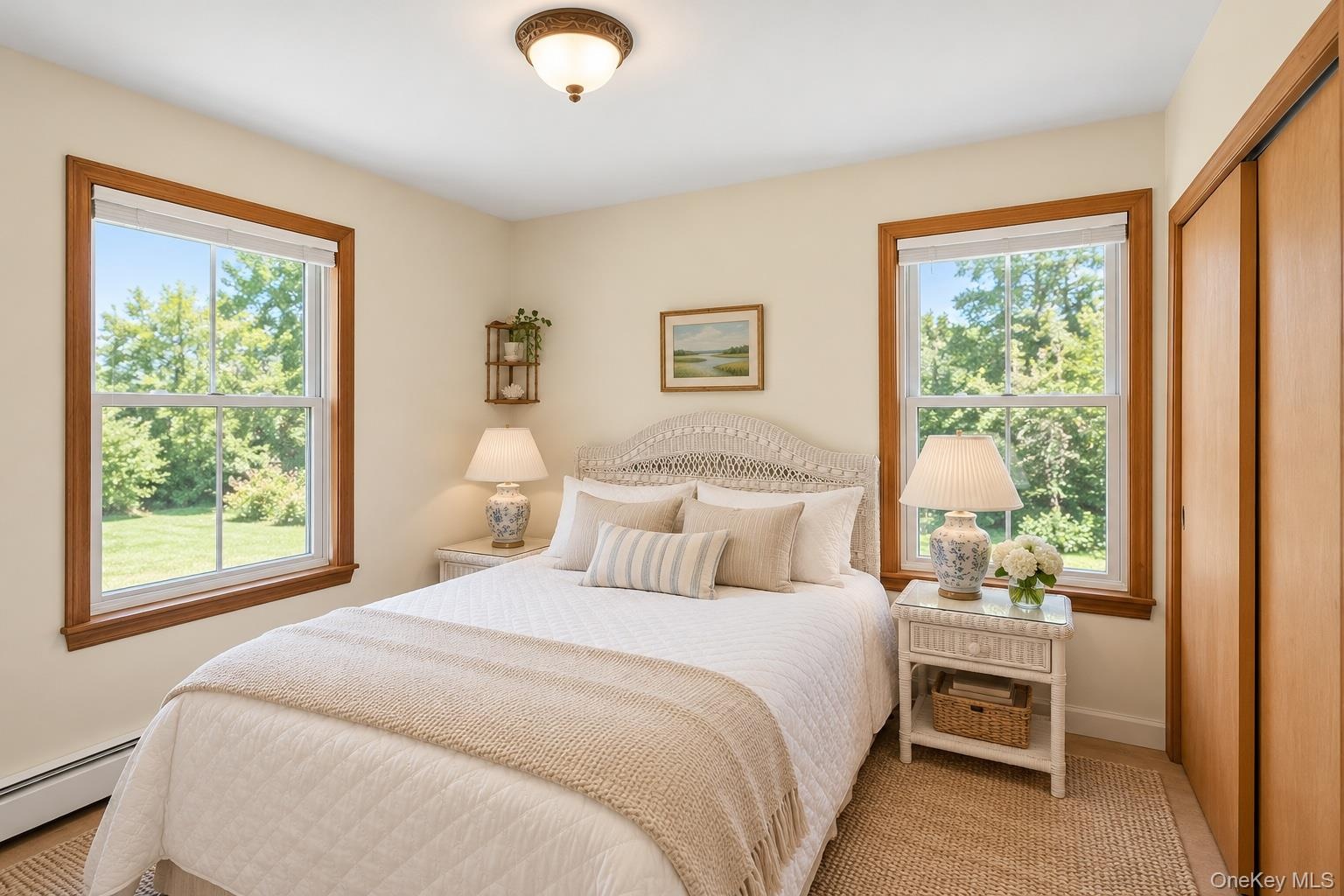 First Floor Bedroom. Two windows with natural wood trim, flush-mount lighting, and dual sliding-door closet