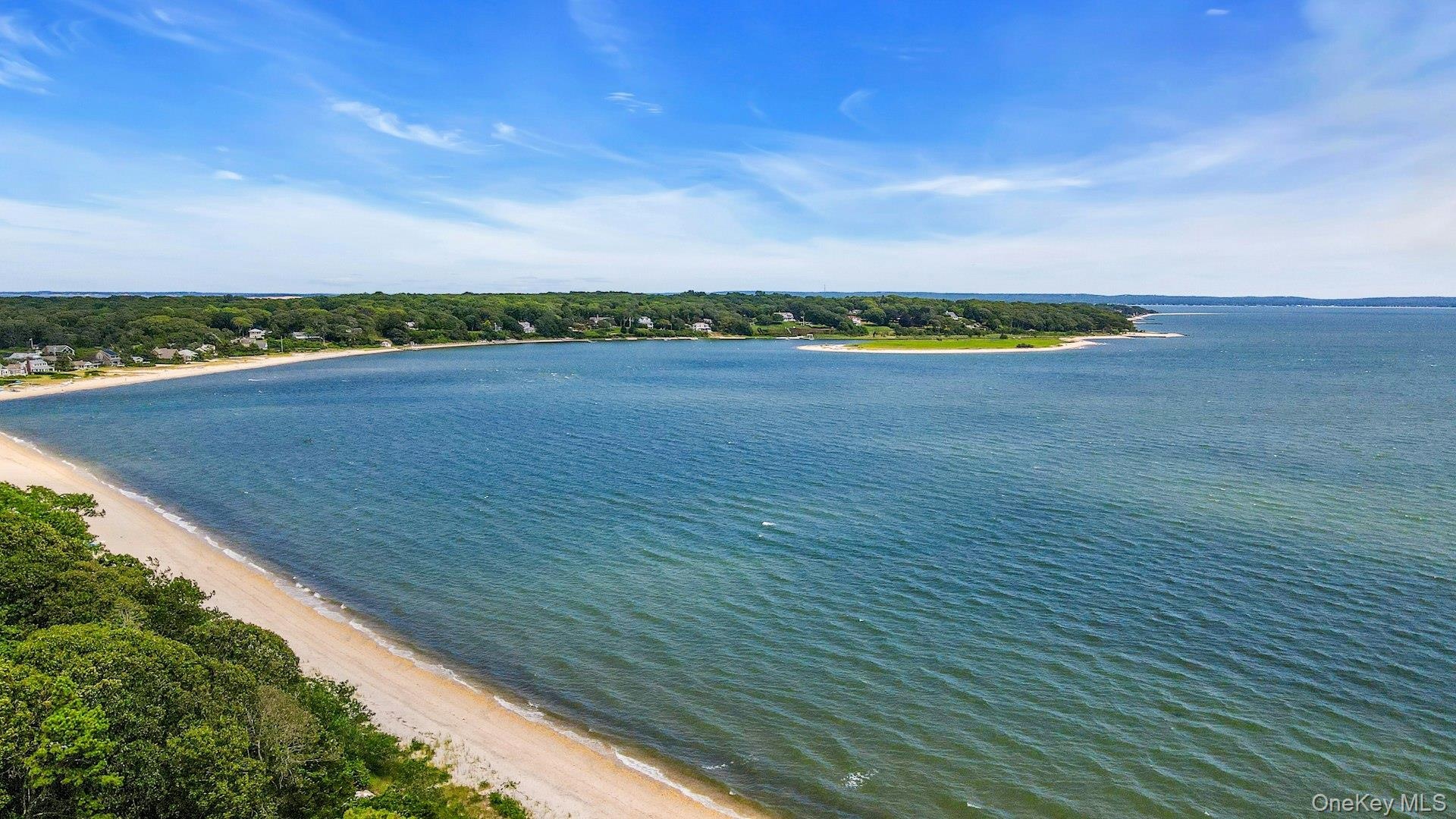 Aerial perspective of sandy Pequash Beach