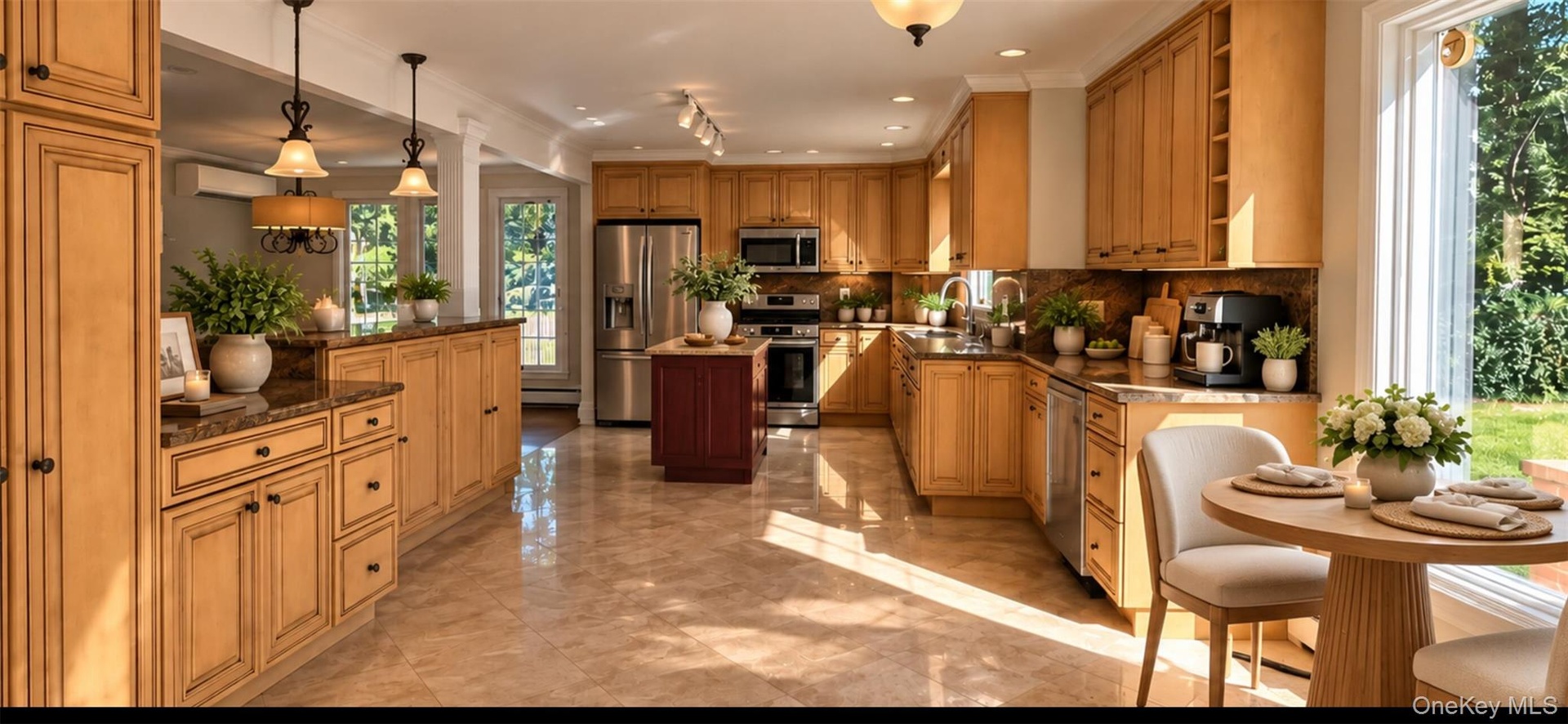 AI Enhanced Photo: Kitchen featuring warm-toned wood cabinetry, dark stone countertops, a central island with a contrasting finish, stainless steel ap