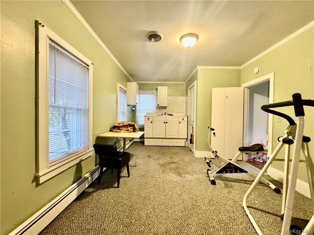 Workout area featuring ornamental molding, light carpet, and a baseboard radiator
