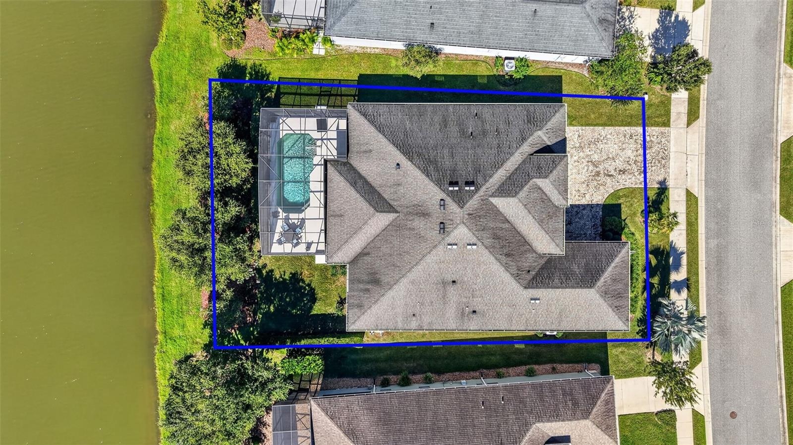 Direct overhead aerial view displaying the estimated property boundaries and lot layout.