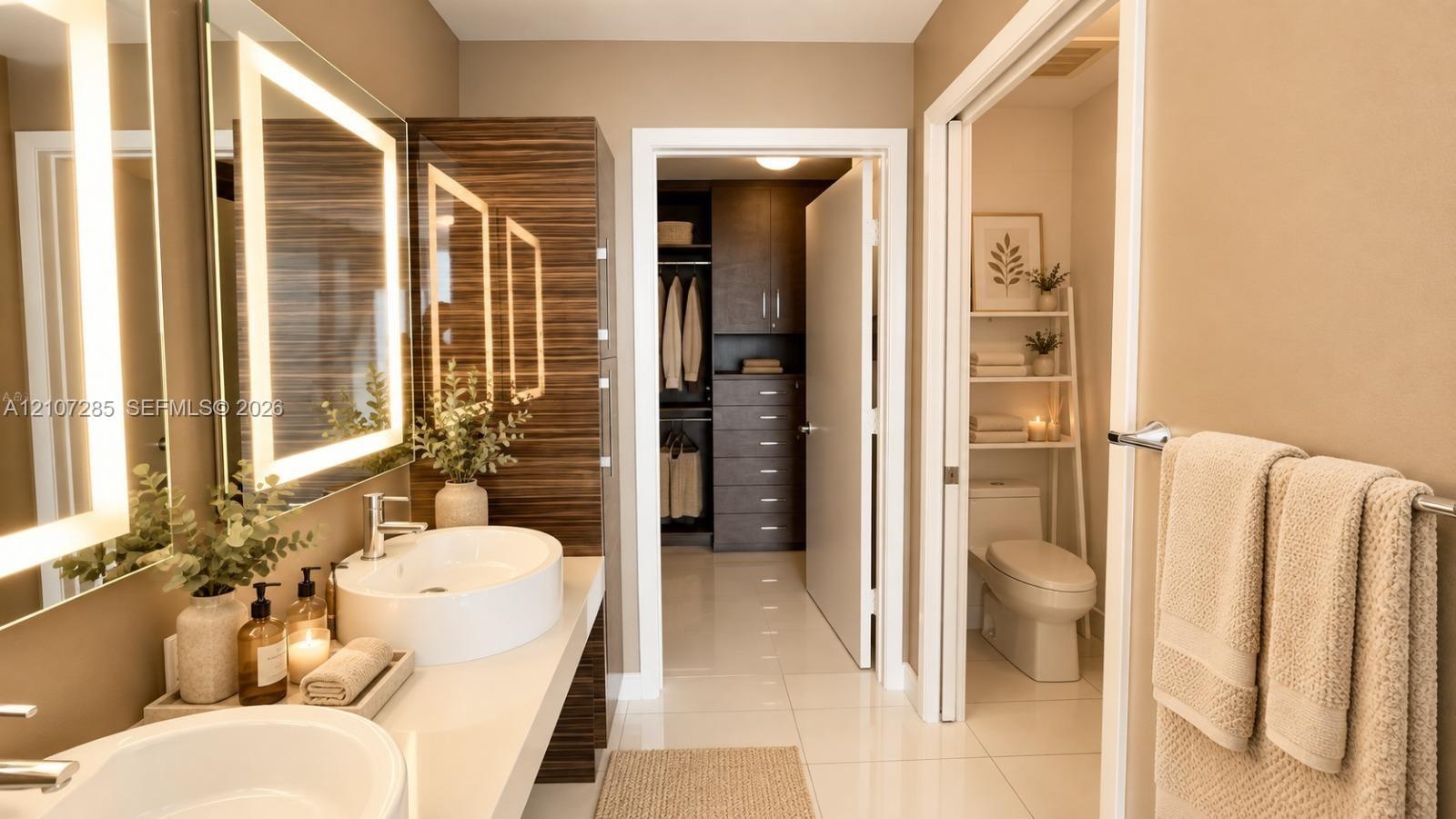 Dual vanity featuring white vessel sinks, quartz countertops, polished metal faucets, and integrated LED-lit mirrors, complemented by floor-to-ceiling