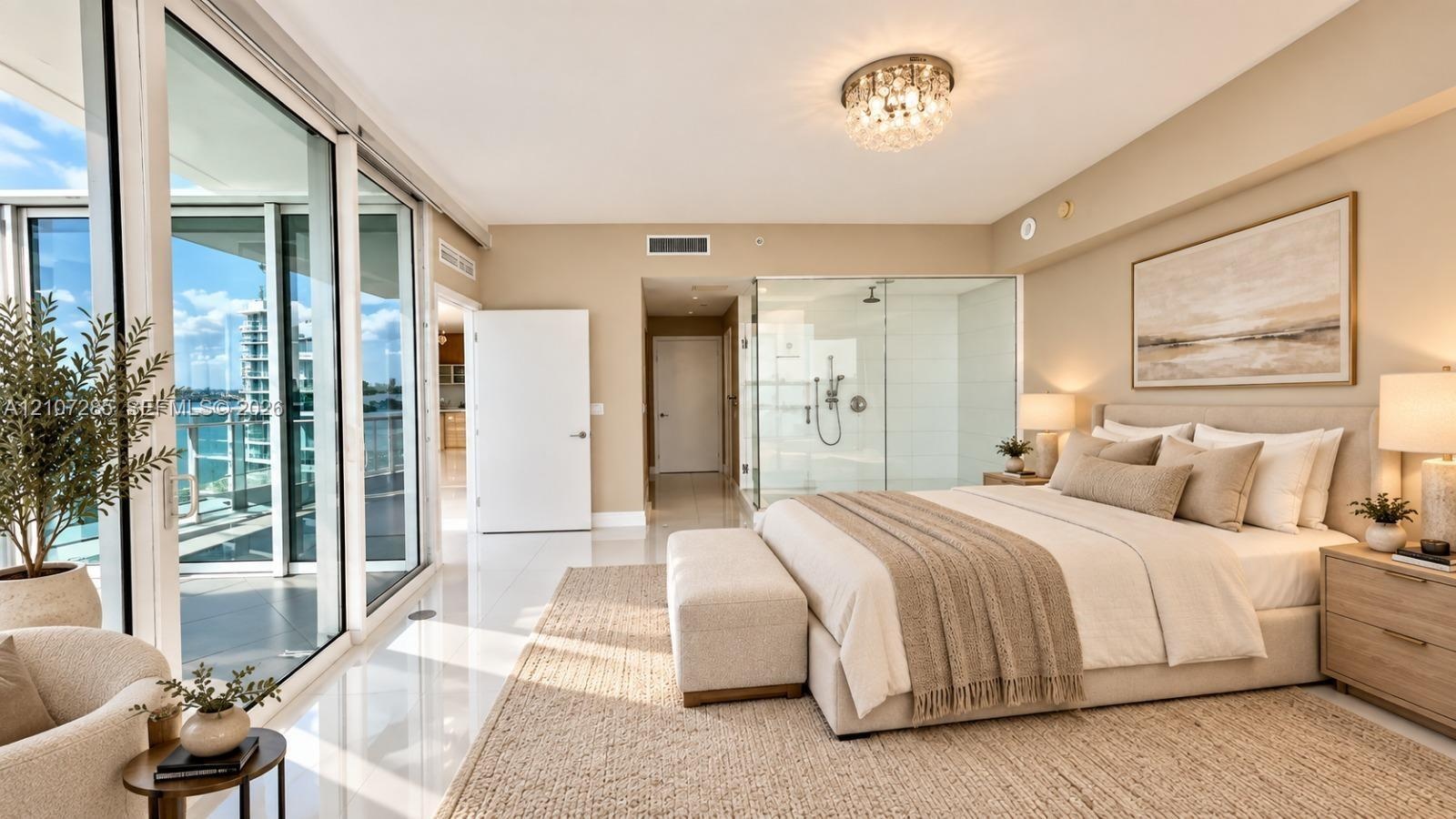 Floor-to-ceiling glass sliding doors, polished tile flooring, glass-enclosed shower, flush-mount crystal light fixture, and recessed lighting ( AI use