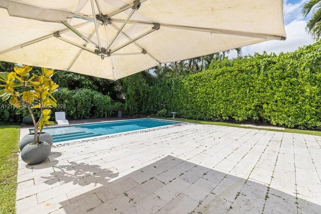Outdoor living area featuring a light-toned stone patio, a rectangular swimming pool with a built-in step, and perimeter landscaping consisting of mat