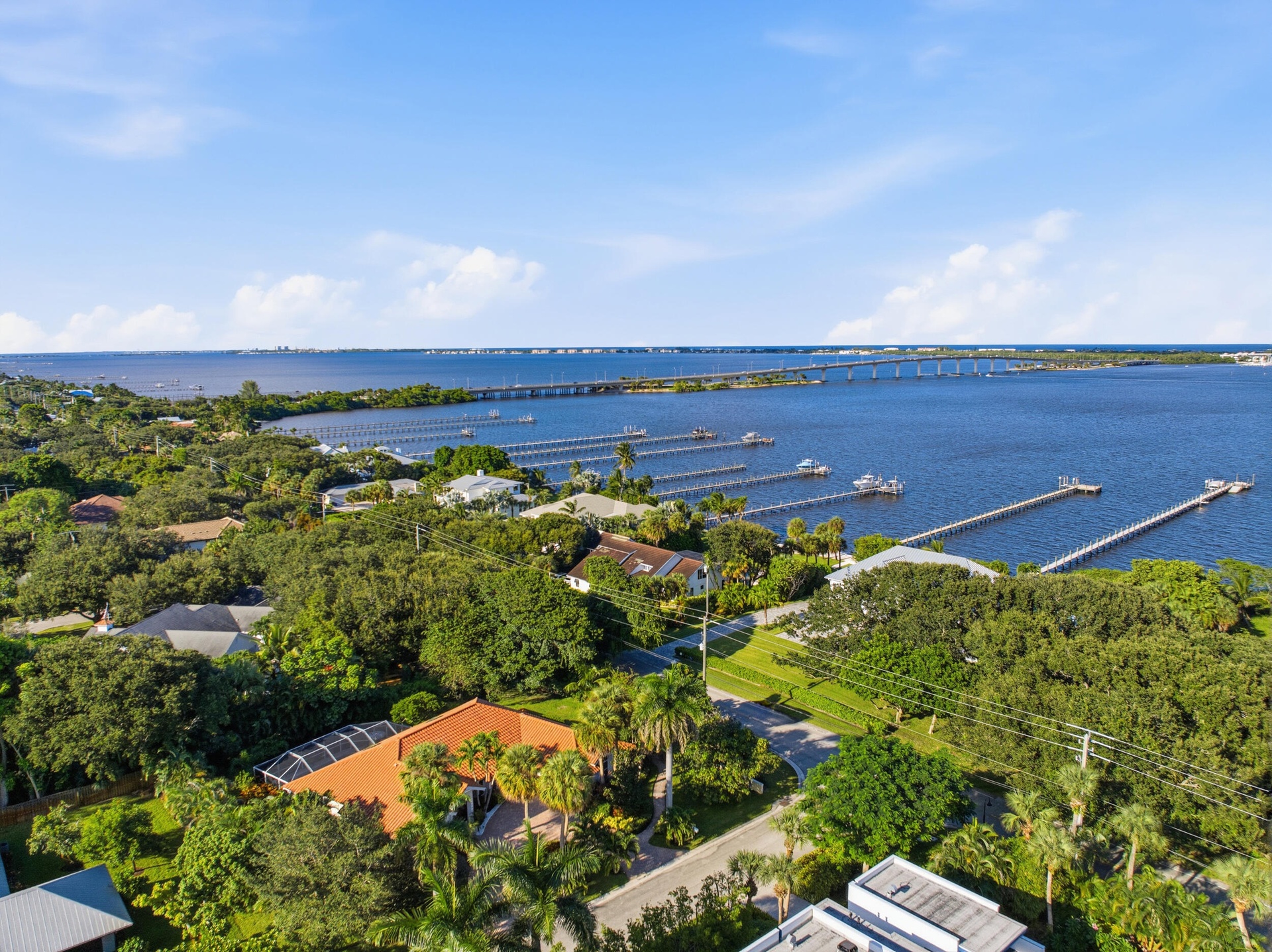 Aerial perspective showcasing a coastal residential neighborhood featuring mature canopy trees, paved roadways, and extensive waterfront access with m