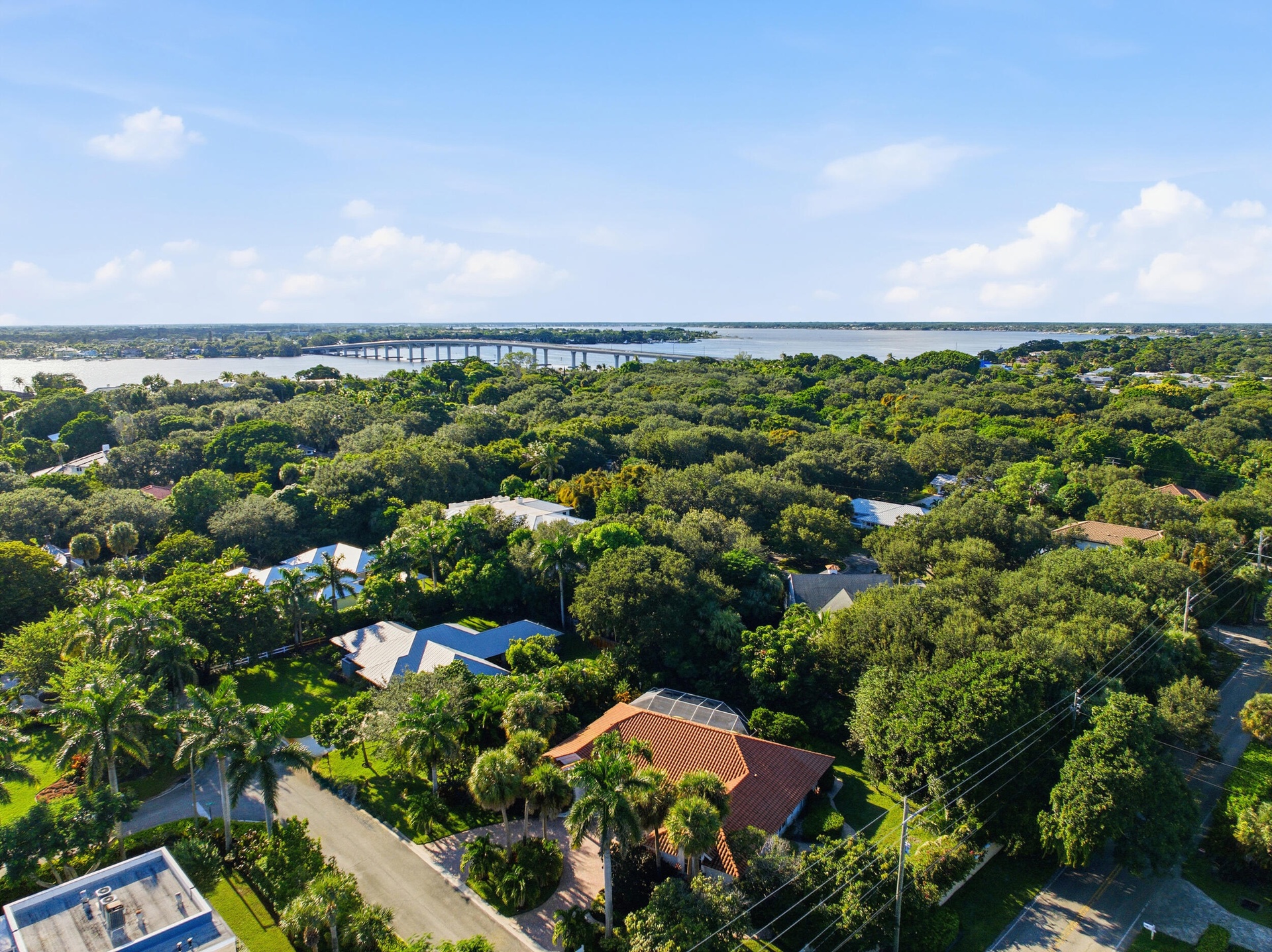 Aerial perspective featuring a terracotta tile roof, mature canopy trees, and waterfront proximity