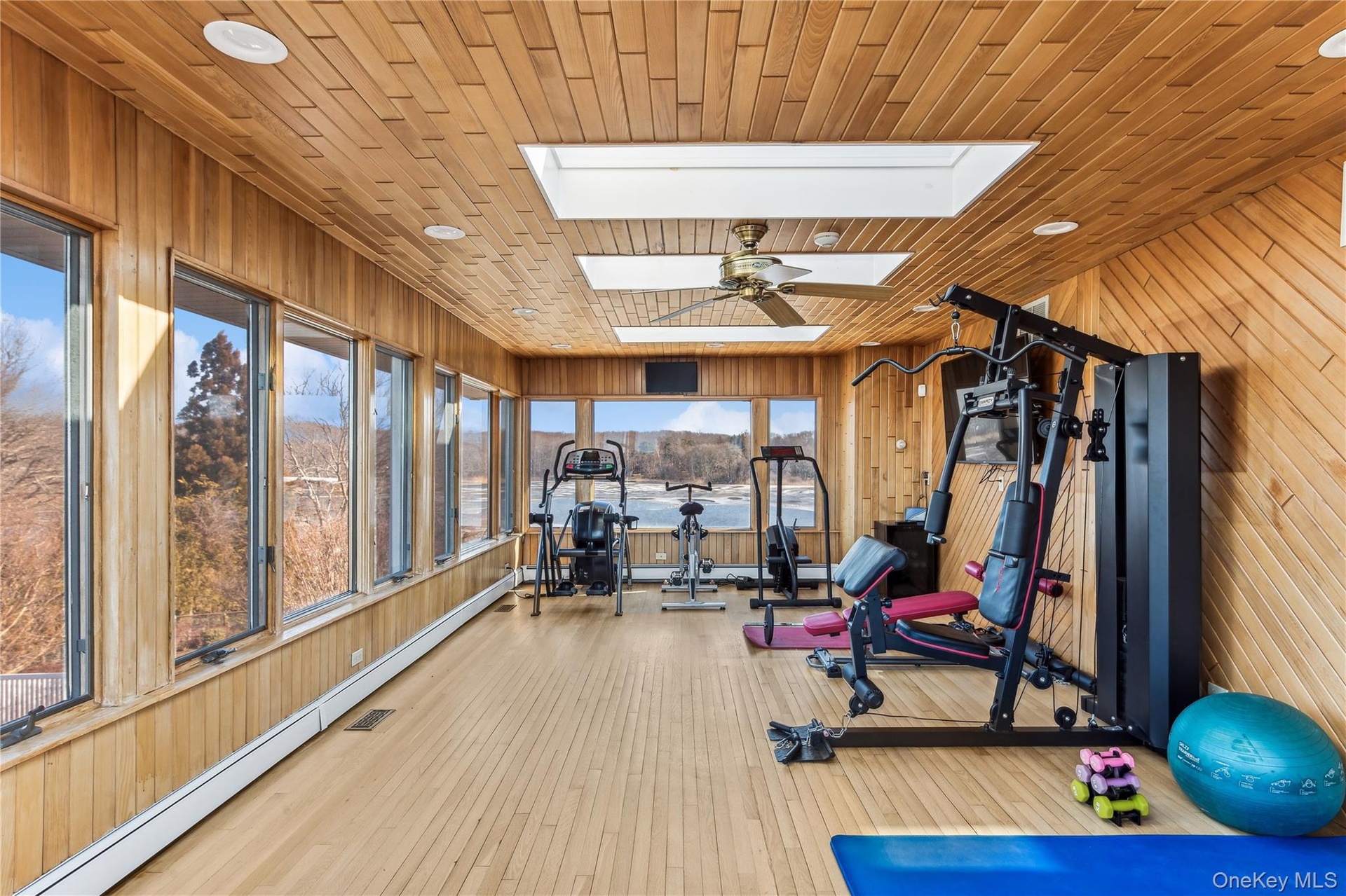 Workout area with hardwood / wood-style flooring, wooden walls, a skylight, and wooden ceiling
