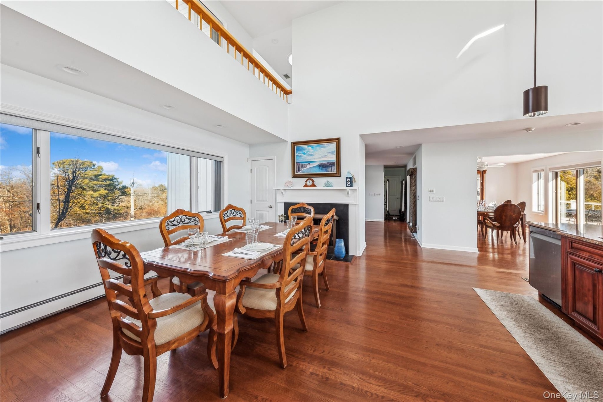 Dining space featuring dark hardwood / wood-style flooring, a baseboard radiator, and a high ceiling
