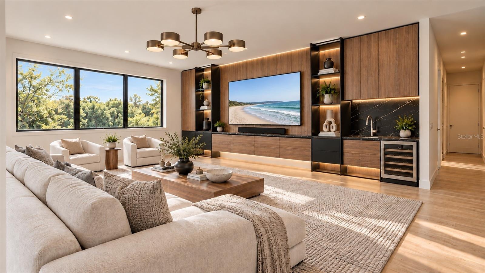 Media room. Includes virtual staging.