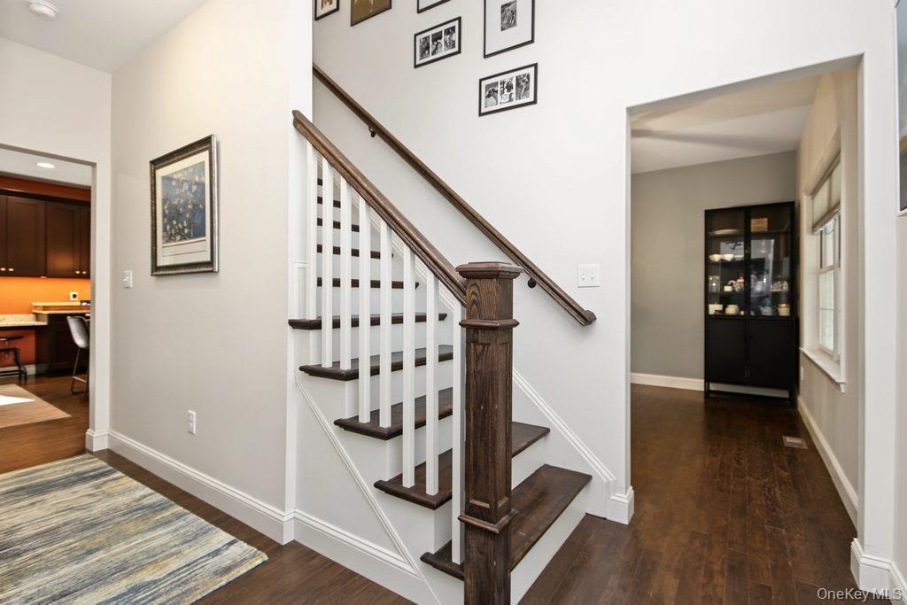 Hardwood flooring, painted white baseboards, traditional staircase with wood-finish handrail, and white risers