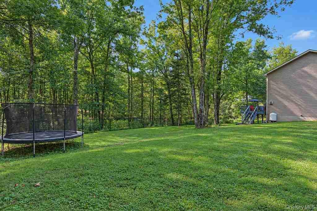 Expansive green lawn with a dense tree line border