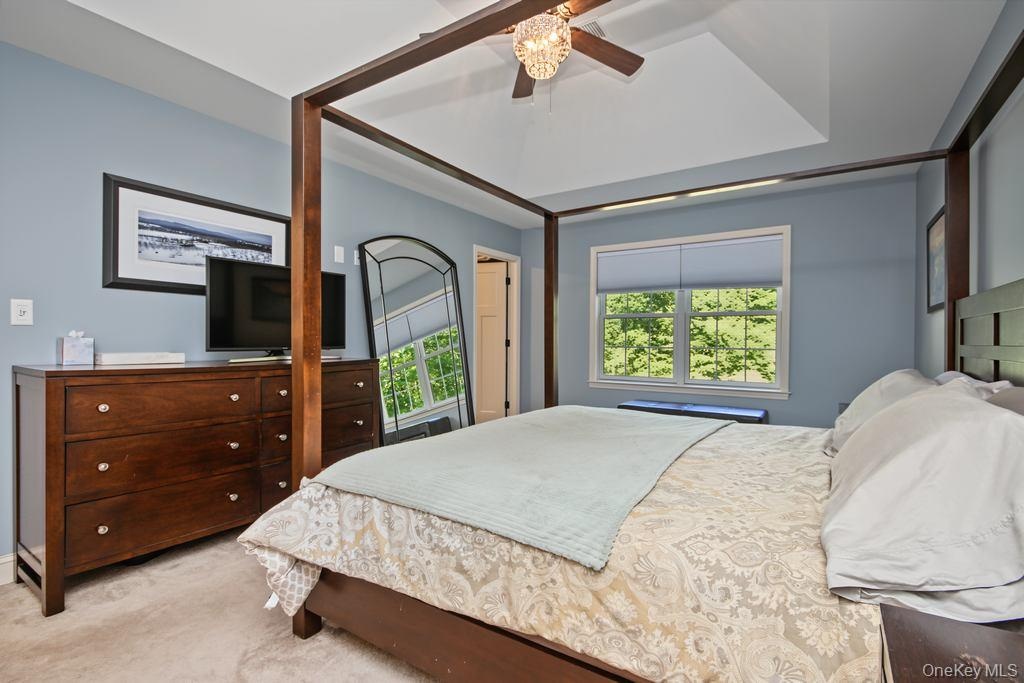 Tray ceiling with a decorative ceiling fan, window with roller shades, and light blue wall paint