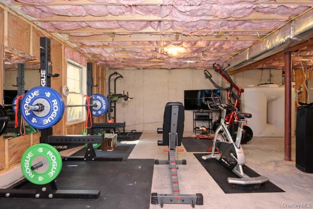 Unfinished basement featuring exposed insulation, concrete flooring, and an egress window and sliders out to the yard
