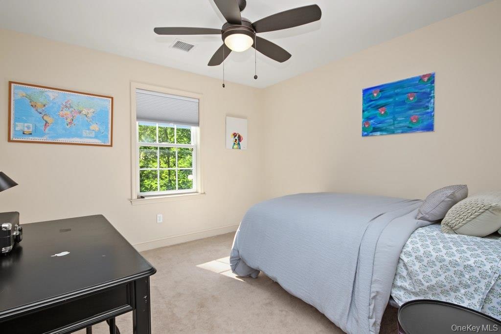 ceiling fan, window with roller shade, and neutral carpeting