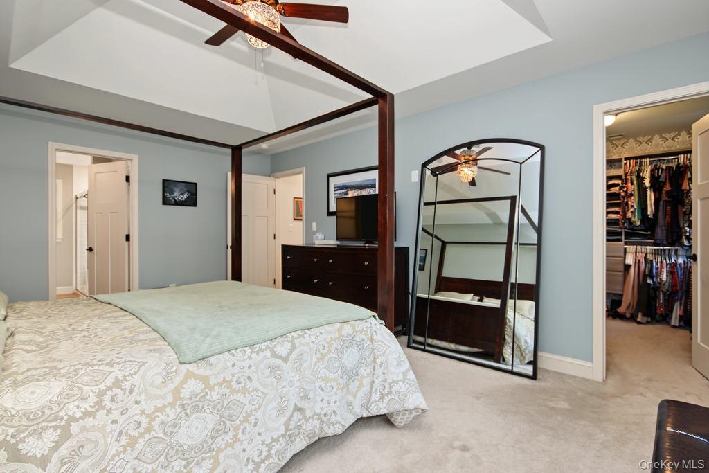 carpeted flooring, and a walk-in closet with built-in shelving