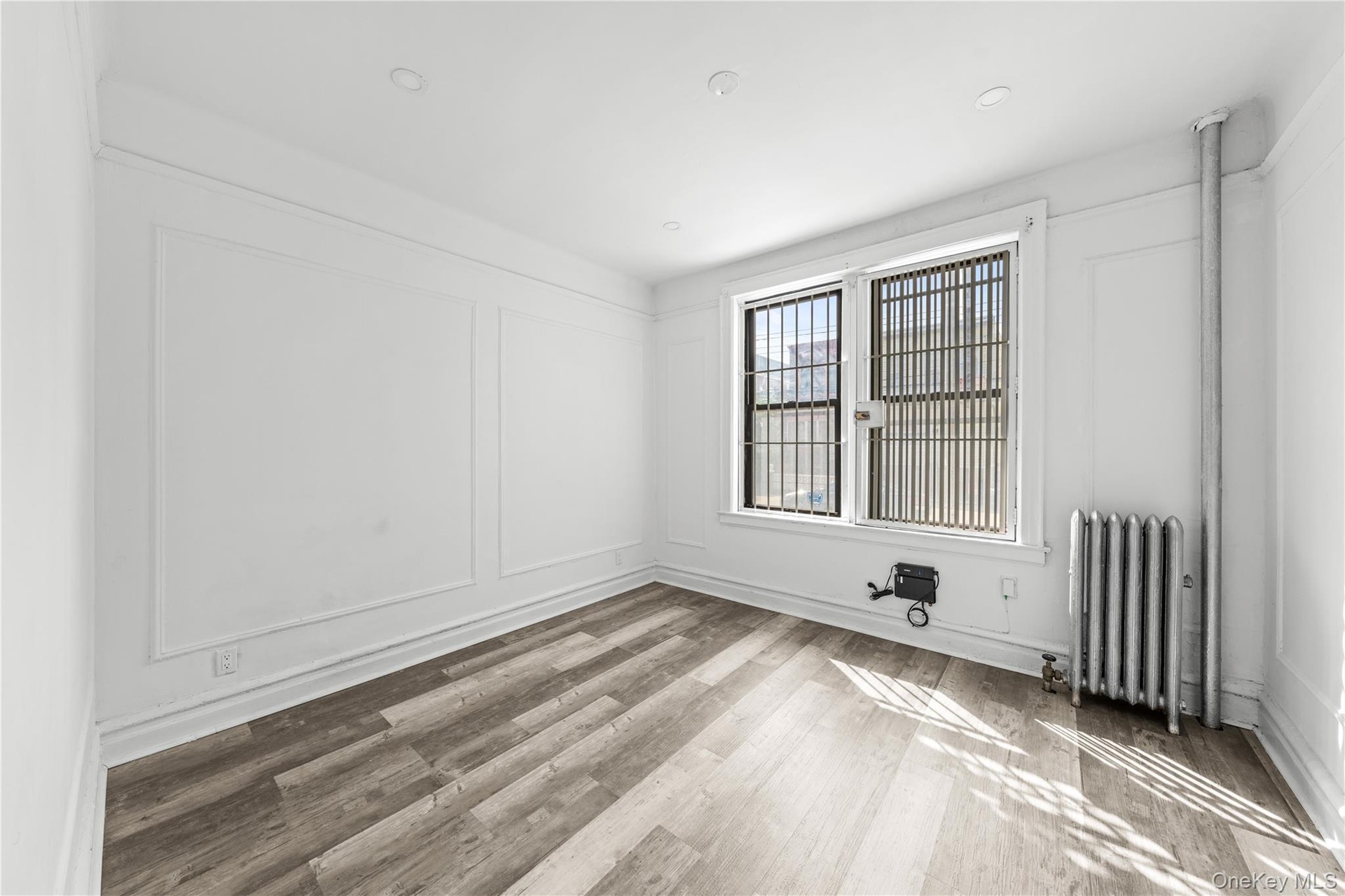 Spare room featuring radiator heating unit and wood finished floors