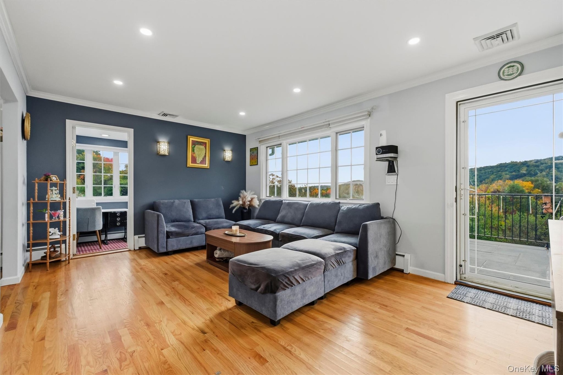 Hardwood floors, recessed lighting, crown molding