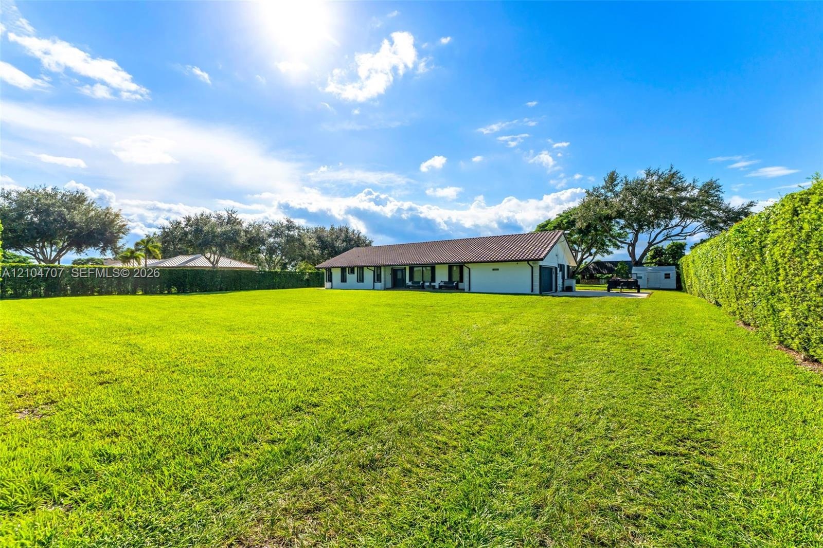 Expansive backyard featuring a large grass lawn, mature trees, and privacy-providing perimeter hedges