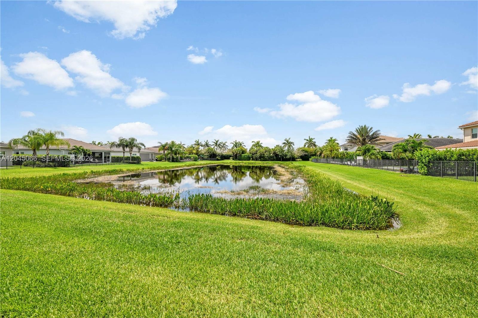 Single-story exterior featuring a paver driveway, attached two-car garage, manicured lawn, metal perimeter fencing, and established palm trees