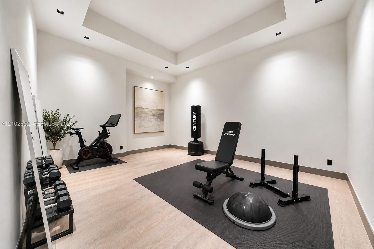 Neutral interior room featuring wood-finish flooring, recessed ceiling lighting, and a recessed tray ceiling detail