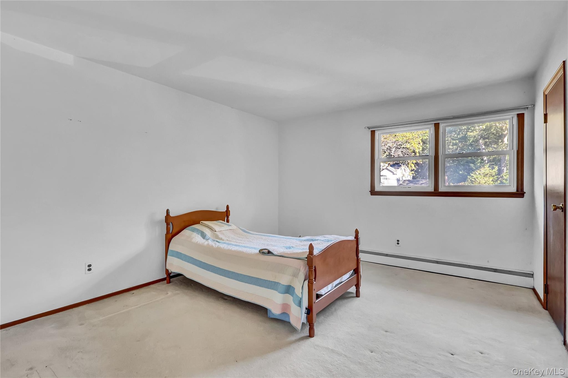 Neutral-toned wall finish, dual-pane window with wood-trim casing, and light-toned wall-to-wall carpeting