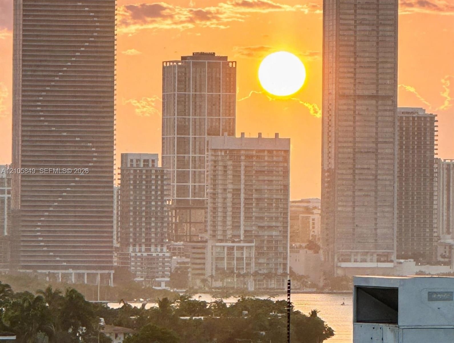 Urban skyline featuring high-rise buildings and waterfront proximity at sunset