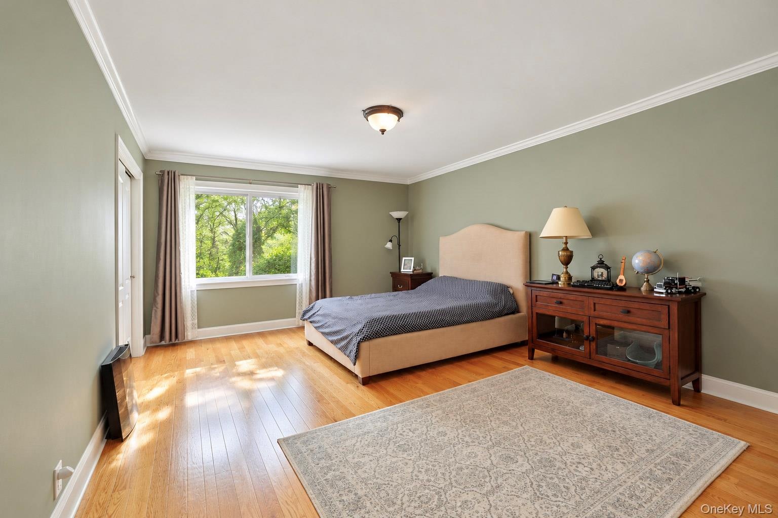 Spacious room featuring wood-finish flooring, crown molding, and a wide-pane window